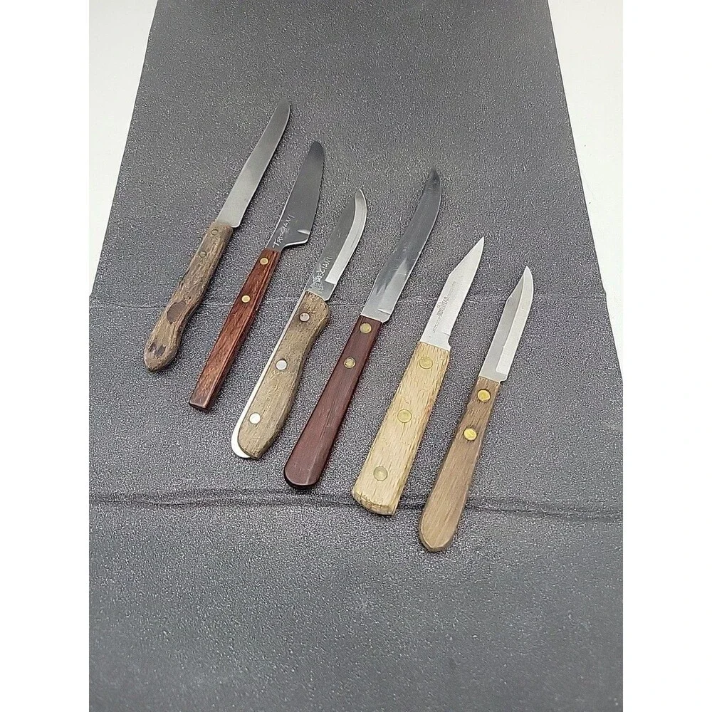 Lot Of 6 Vtg Wooden Handle Knives Steak Paring - Boker Ekco Robinson Emperor